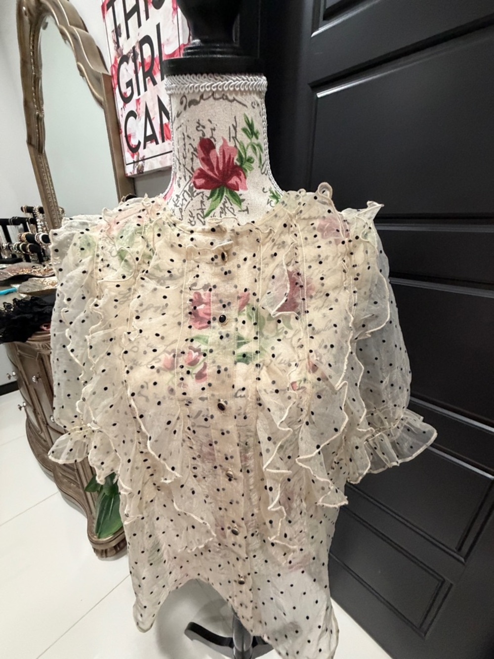 Zara Cream Sheer Polka Dot Blouse with Pink Floral Print - Picture 4 of 11